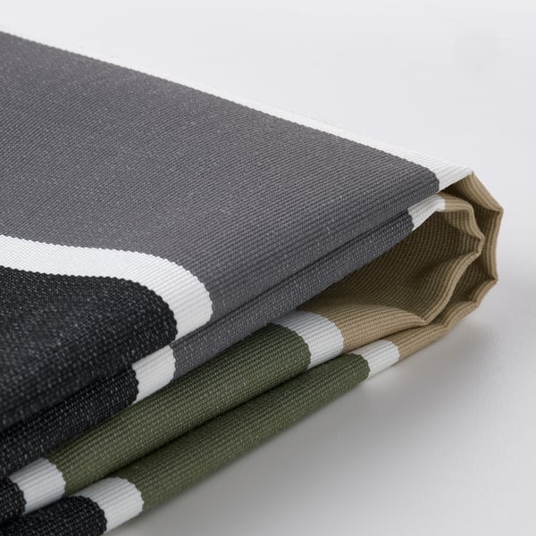 Striped fabric samples displayed; shows textures, colours, and quality of durable, recyclable materials.