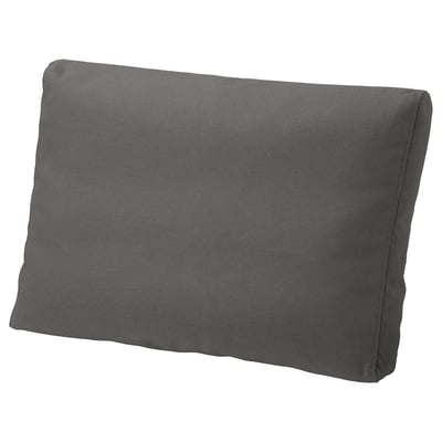 Gray rectangular outdoor cushion; recycled polyester cover, water-repellent, fade-resistant, zippered.