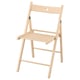 Natural beech folding chair with circular back, slatted seat.