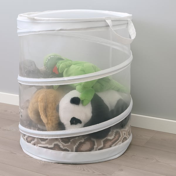 A white mesh laundry basket holding stuffed toys. The handles allow easy carrying and the breathable material ensures air circulation.