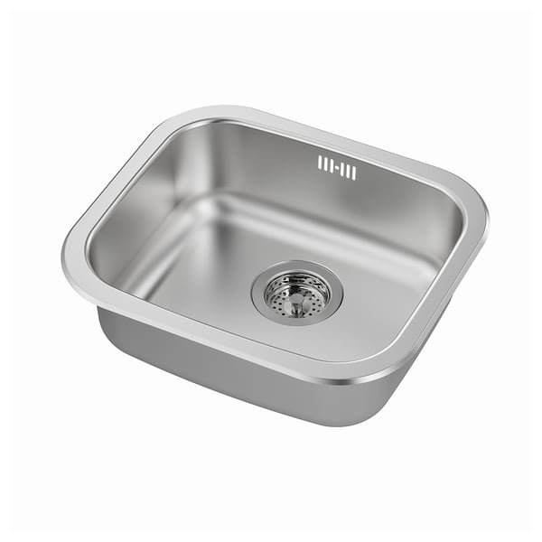 Stainless steel rectangular sink, sleek and modern. Single bowl, shiny polished finish. Sound-absorbing material for quiet use.