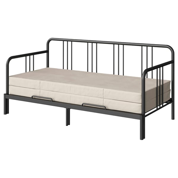 FYRESDAL: black metal day-bed with beige mattress, versatile design for guest or seating.