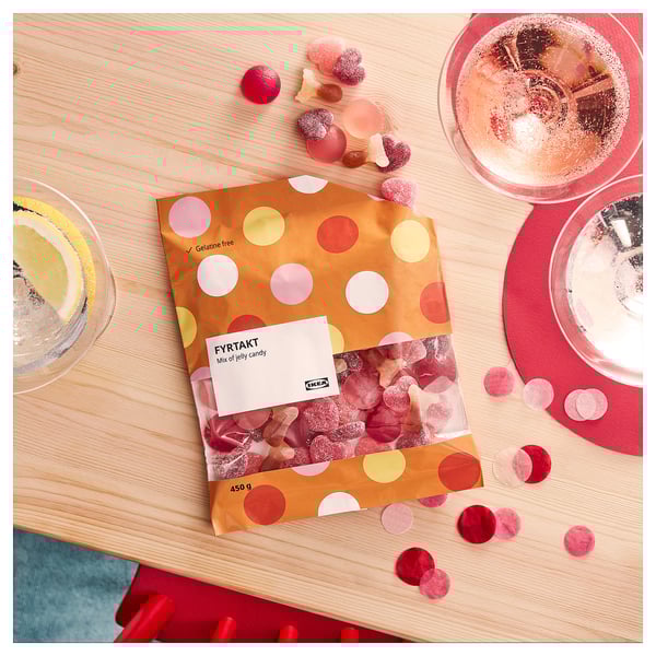 Open IKEA FYRTAKT candy bag with mixed jellies and drinks.