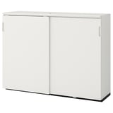White GALANT storage cabinet with sliding doors, adjustable shelves, cable management, and lock.