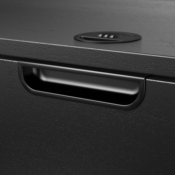 Black drawer with modern handle, combination lock, and smooth finish.
