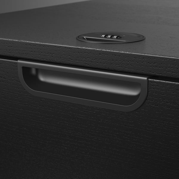 Black office cabinet drawer with a modern handle and digital combination lock, showcasing sleek design and secure storage.