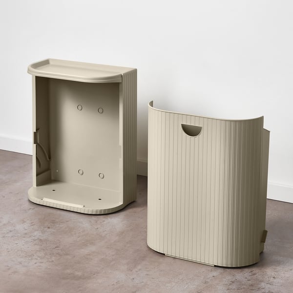 Two beige recycling bins, one open, designed for waste sorting.