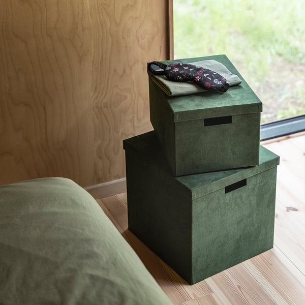 GJÄTTA green velvet storage boxes, stacked, fit a4 & letterhead size, soft touch, fits bestå.