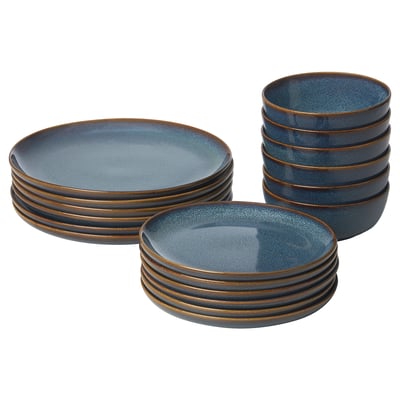 GLADELIG dinnerware set: blue, stoneware plates & bowls with golden rim, classic shape, crafted look.