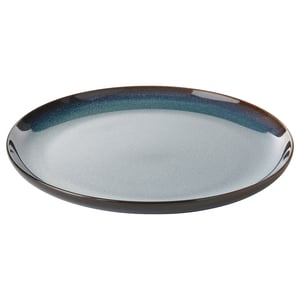 Oval ocean-blue stoneware plate, golden rim, glazed surface, classic shape, unique design.