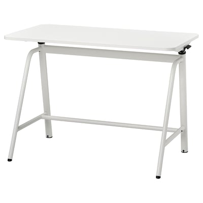 A white GLADHÖJDEN sit/stand desk with a rectangular tabletop and a metal base, designed for home offices.