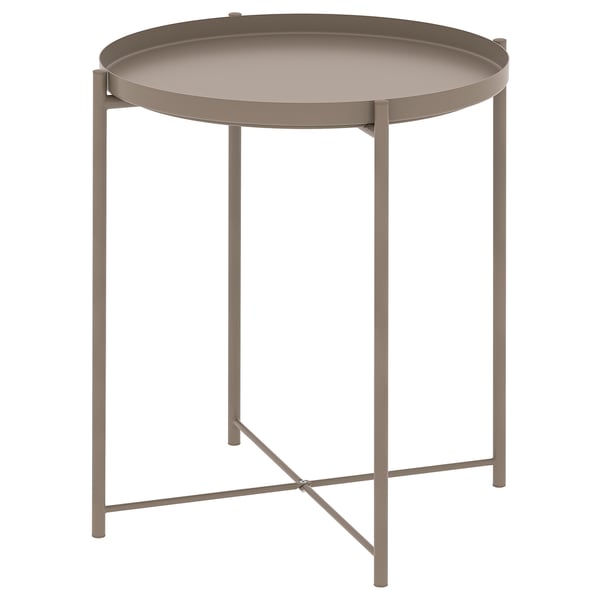 Round GLADOM tray table in beige. Light, modern design with removable tray and metal legs.