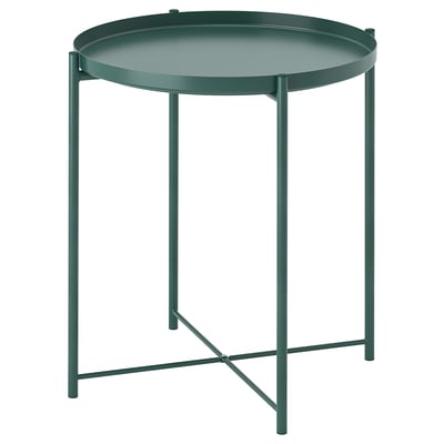 GLADOM round side table in green with removable tray, metal legs and frame. Easily portable.