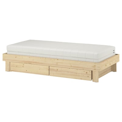 GLAMBERGET extendable bed. Light wood, rectangular, simple design, ideal for space-saving.