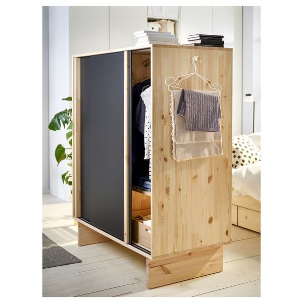 GLAMBERGET Wardrobe with 3 sliding doors, pine/black, 117x63x150 cm