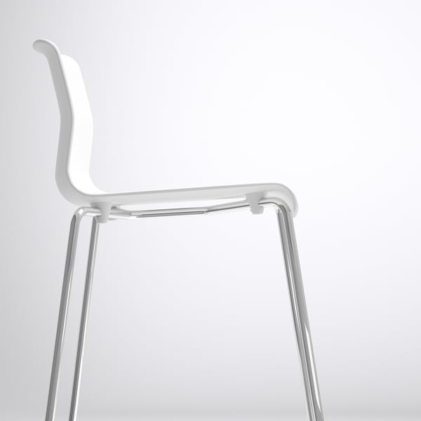 White bar stool with clean lines, featuring a chrome metal frame and sleek polycarbonate seat. Ideal for modern settings.