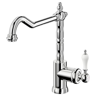GLITTRAN chrome tap, classic design, brass body, curved spout, white handle.