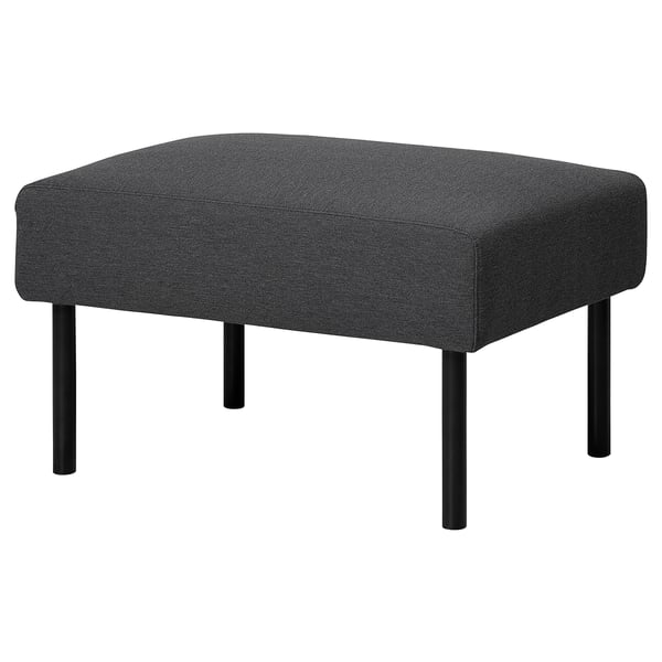 GLOSTAD black footstool, modern rectangular design with dark grey fabric, four slim black metal legs.