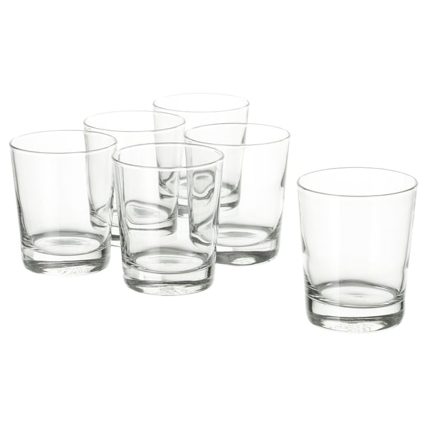 Six clear glass cups arranged in two rows of three. Simple, straight shape, good for cold drinks with ice.