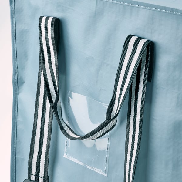 Reusable light blue bag with stripes, front pocket, window, sturdy zippers.