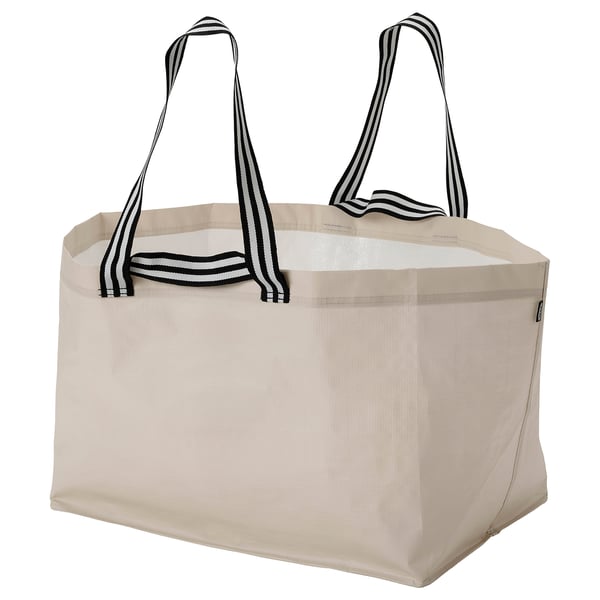 GÖRSNYGG – light beige tote; striped black handles, rectangular, durable polyester.