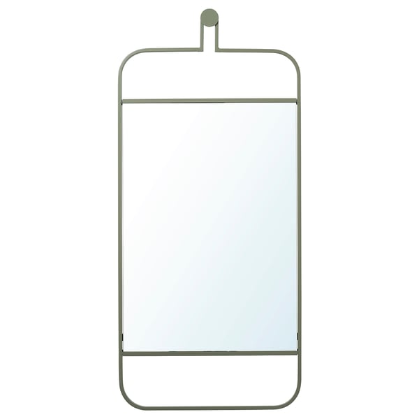 GRANVÅG mirror, olive green, metal frame, rectangular, wall-mounted, with hooks.