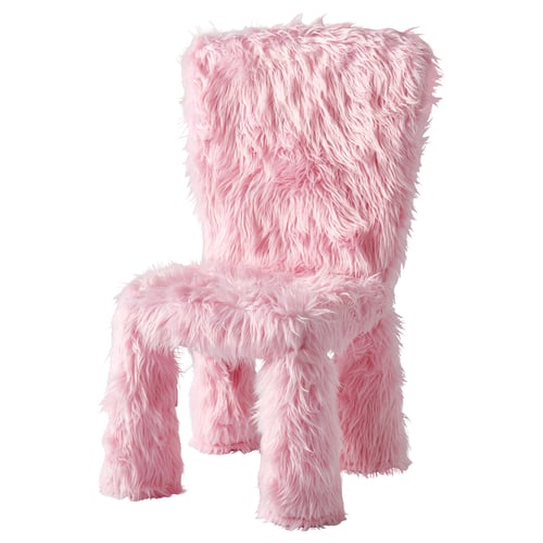 Pink plush chair with high back, shaggy texture, cosy and inviting, perfect for comfort.