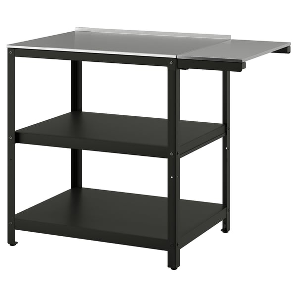 Black metal outdoor kitchen cart with stainless steel top and shelves for grilling tools and accessories.