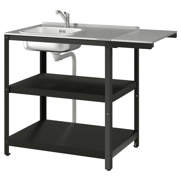 GRILLSKÄR outdoor sink: black metal frame, stainless steel top, single bowl, two shelves.
