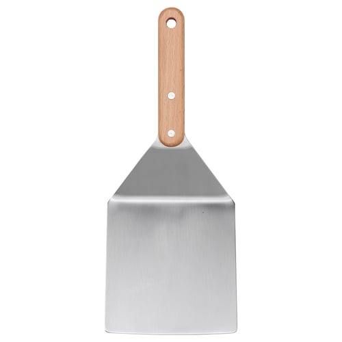 GRILLTIDER metal spatula, silver, beech handle, flat with hole in handle.