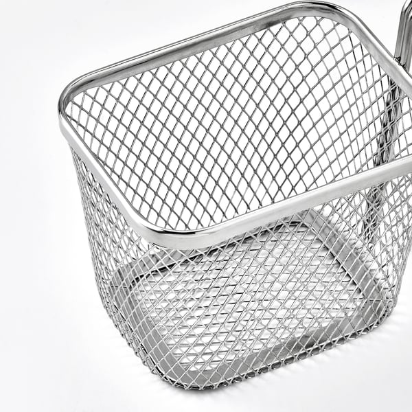 Stainless steel mesh basket for serving food; durable, practical, and stackable.