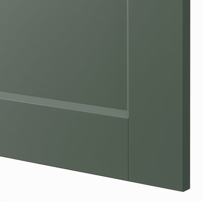 Close-up of GRIMO cabinet door, smooth grey-green finish.