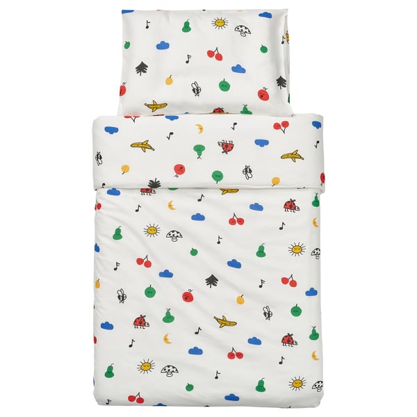 GRÖNFINK baby bedding: white duvet & pillow, colourful fruits, bugs, nature design, 80% cotton.