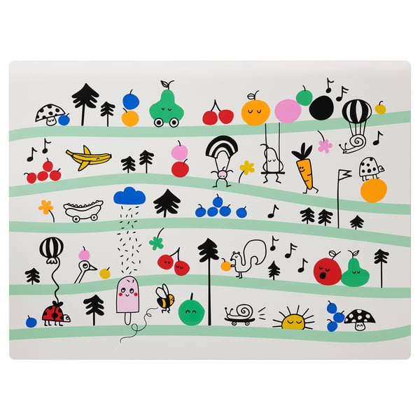Vibrant GRÖNFINK place mat, white, with cartoons, fruits, and nature, kids table decor.
