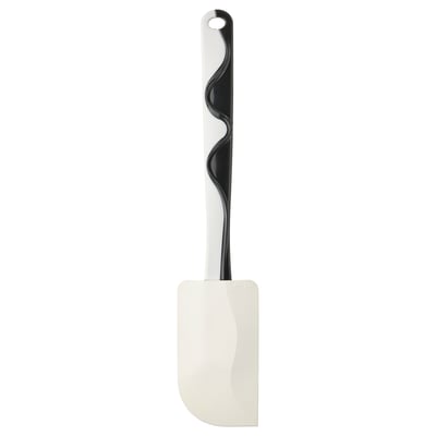 Bendy spatula, black and white, silicone rubber blade, abs plastic handle, hooked design.