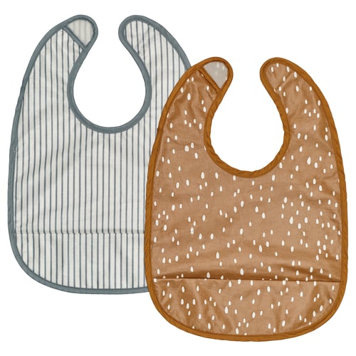 Two baby bibs: one striped grey, one spotted brown. Soft cotton backs, waterproof fronts, adjustable necks.