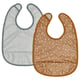 Two baby bibs: one striped grey, one spotted brown. Soft cotton backs, waterproof fronts, adjustable necks.