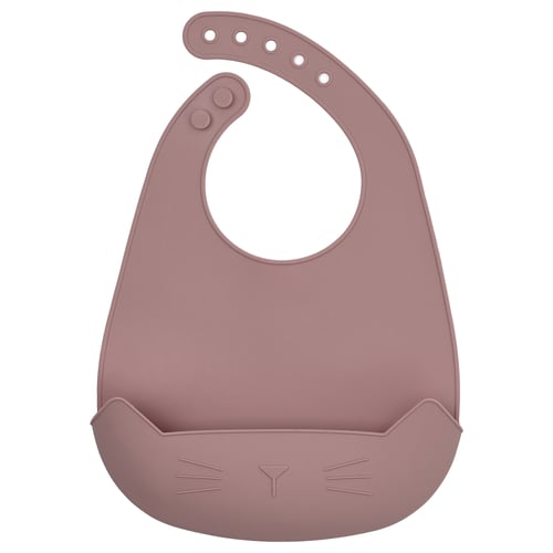GULDVÄVARE pink silicone baby bib with cat design, adjustable neck, and spill-catching pocket.