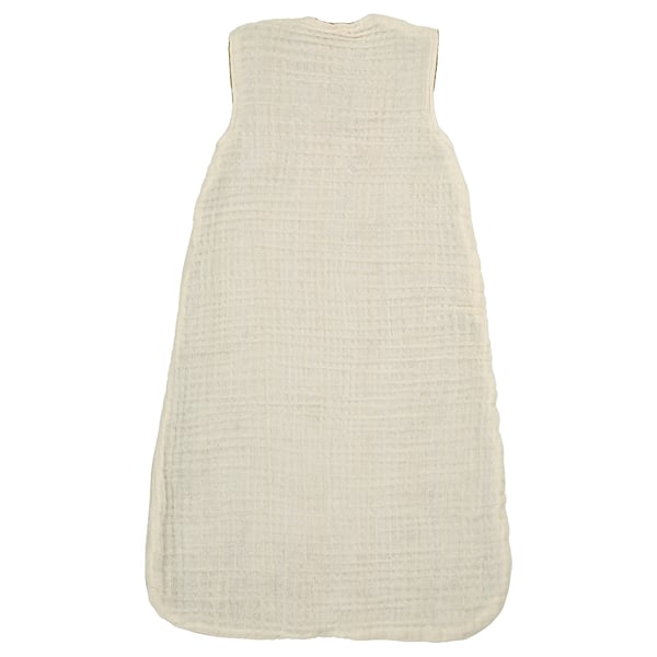 A GULDVÄVARE baby sleep bag, light beige, made of soft organic cotton muslin. It is rectangular with a zip at the top.