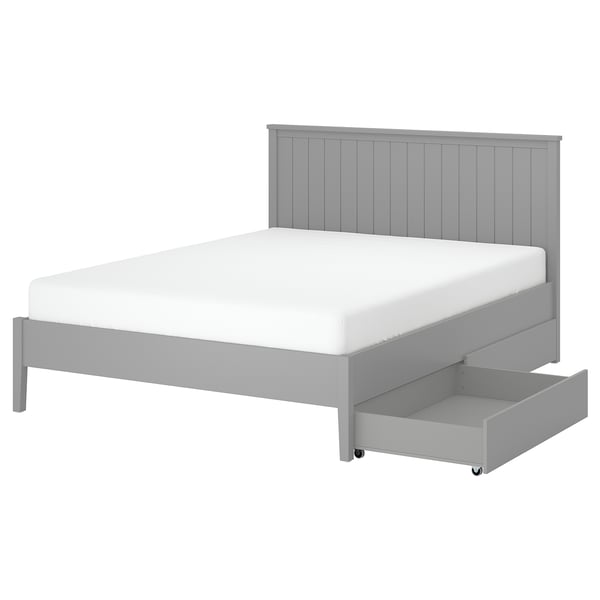 GULLABERG bed frame in light grey, wooden, rectangular shape, vertical headboard slats, 2 drawers on castors, clean, modern design.