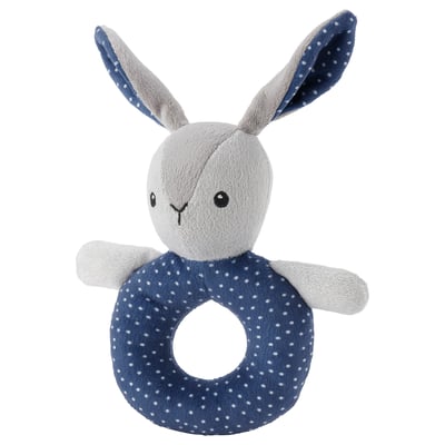 GULLIGAST rattle toy for baby, grey and blue, soft fabric, circular shape, polka dot pattern.