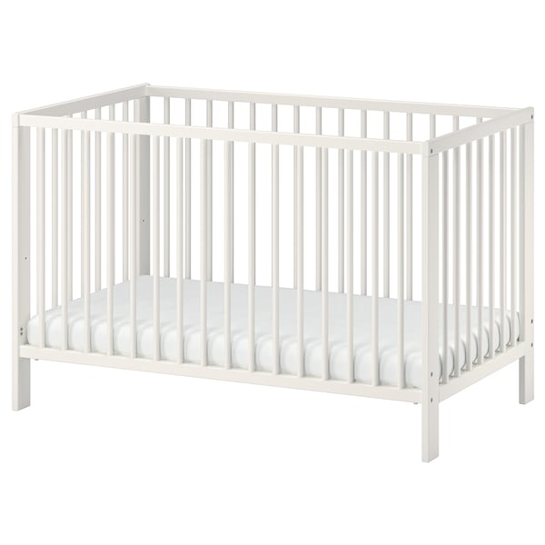 White GULLIVER baby cot with wooden frame, ventilated base, adjustable height, simple design.