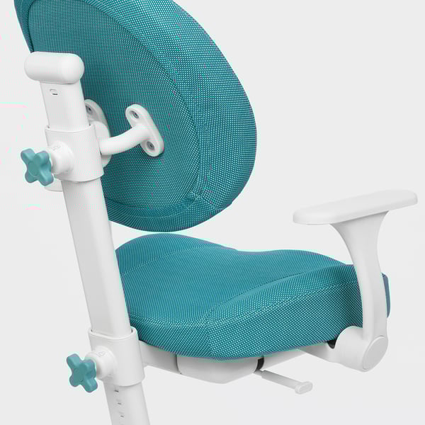 Adjustable teal office chair with ergonomic backrest and armrests, shown in 3d model.