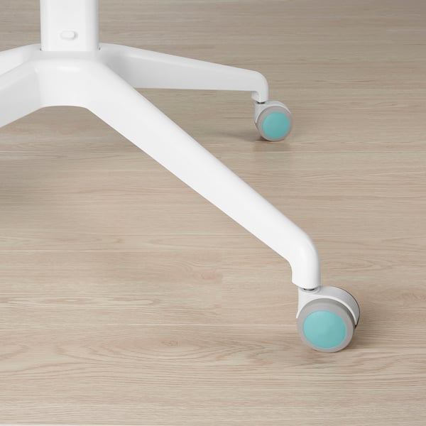 Close-up of a chair leg with two light blue wheels on a wooden floor, highlighting durable design.