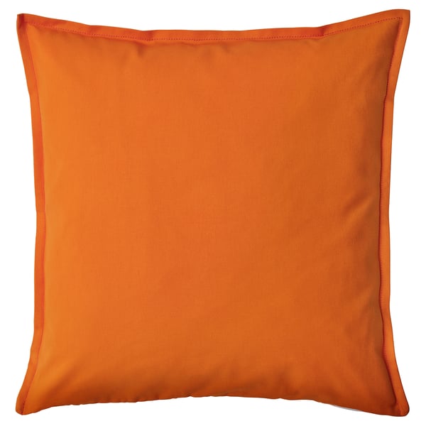 Bright orange GURLI cushion, square-shaped with clean lines, made from recycled cotton, no patterns or designs.