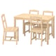 Light wood dining set with square table and four simple chairs, perfect for small spaces.