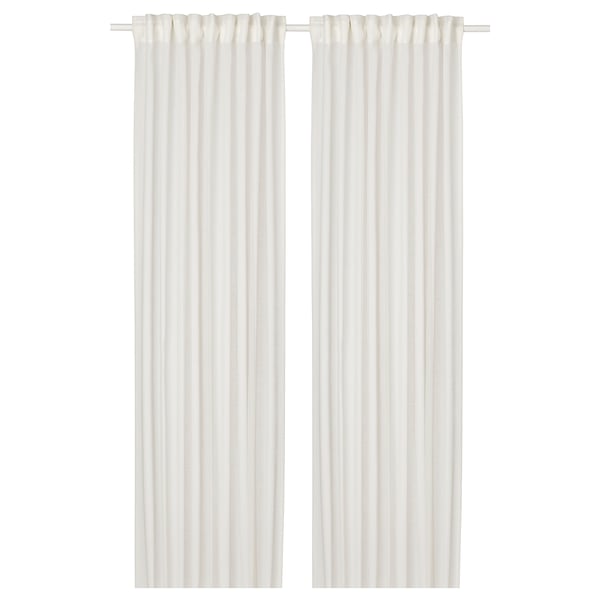 Two white HÄLLEBRÄCKA sheer curtains hang straight, featuring a simple, clean design with pleated heading tape for a modern and classic look.