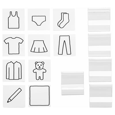 Eleven item labels with black drawings: clothing, pencil, blur.