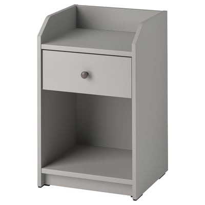 A grey HAUGA bedside table with one drawer and two open shelves. It a modern, minimalist design, suitable for various bedroom setups.