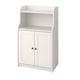 A white HAUGA storage cabinet with two doors and an open shelf on top. The cabinet has a simple and clean design, suitable for various rooms.